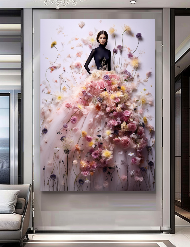 Fashion Blooming Flowers Dress - Perfume Floral Woman Art - Chic Home Decor – Large – Oil on Canvas – {{ product.title }} canvas artwork by Tanya Mirelle – modern wall decor – original artwork for home, living room, office, or gallery – original artwork by BETSY-ART GALLERY