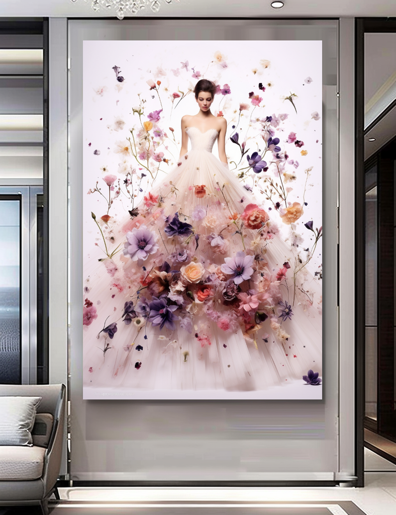 Fashion Blooming Flowers Dress - Perfume Floral Woman Art - Chic Home Decor – Large – Oil on Canvas – {{ product.title }} canvas artwork by Tanya Mirelle – modern wall decor – original artwork for home, living room, office, or gallery – original artwork by BETSY-ART GALLERY