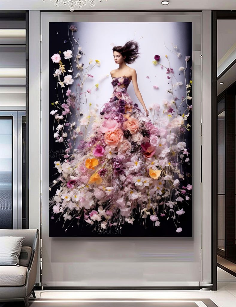 Romantic Blooming Flowers Dress - Perfume Floral Woman Art - Chic Home Decor – Large – Oil on Canvas – {{ product.title }} canvas artwork by Tanya Mirelle – modern wall decor – original artwork for home, living room, office, or gallery – original artwork by BETSY-ART GALLERY