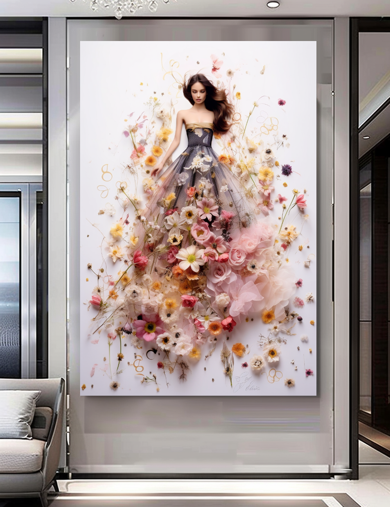 Elegant Perfume Floral Woman Art - Blooming Flowers Dress - Chic Home Decor – Large – Oil on Canvas – {{ product.title }} canvas artwork by Tanya Mirelle – modern wall decor – original artwork for home, living room, office, or gallery – original artwork by BETSY-ART GALLERY