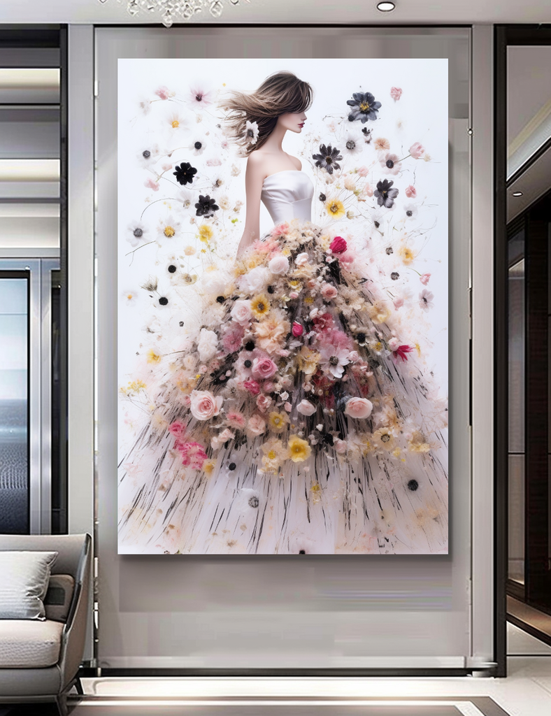 Perfume Floral Woman Art - Blooming Flowers Dress - Chic Home Decor – Large – Oil on Canvas – {{ product.title }} canvas artwork by Tanya Mirelle – modern wall decor – original artwork for home, living room, office, or gallery – original artwork by BETSY-ART GALLERY