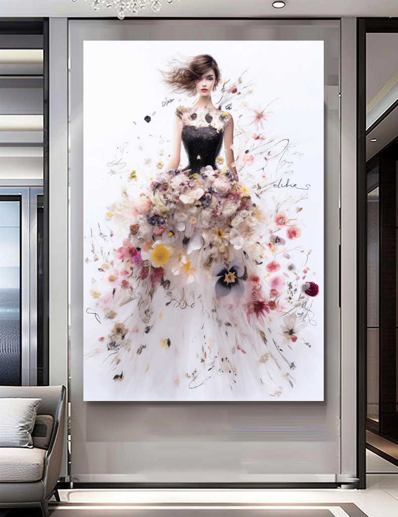 Perfume Floral Woman Art - Blooming Flowers Dress - Chic Home Decor – Large – Oil on Canvas – {{ product.title }} canvas artwork by Tanya Mirelle – modern wall decor – original artwork for home, living room, office, or gallery – original artwork by BETSY-ART GALLERY