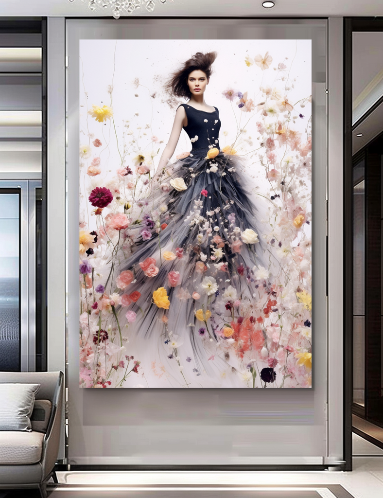 Perfume Floral Woman Art - Blooming Flowers Dress - Chic Home Decor – Large – Oil on Canvas – {{ product.title }} canvas artwork by Tanya Mirelle – modern wall decor – original artwork for home, living room, office, or gallery – original artwork by BETSY-ART GALLERY