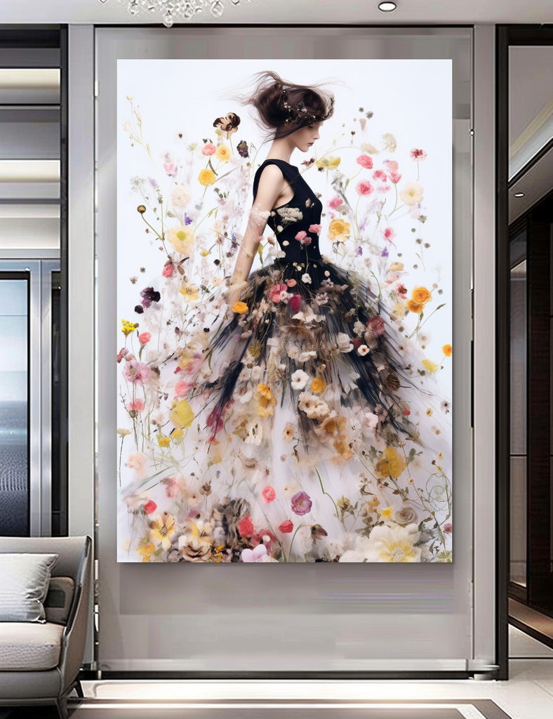 Elegant Perfume Floral Woman Art - Blooming Flowers Dress - Chic Home Decor – Large – Oil on Canvas – {{ product.title }} canvas artwork by Tanya Mirelle – modern wall decor – original artwork for home, living room, office, or gallery – original artwork by BETSY-ART GALLERY