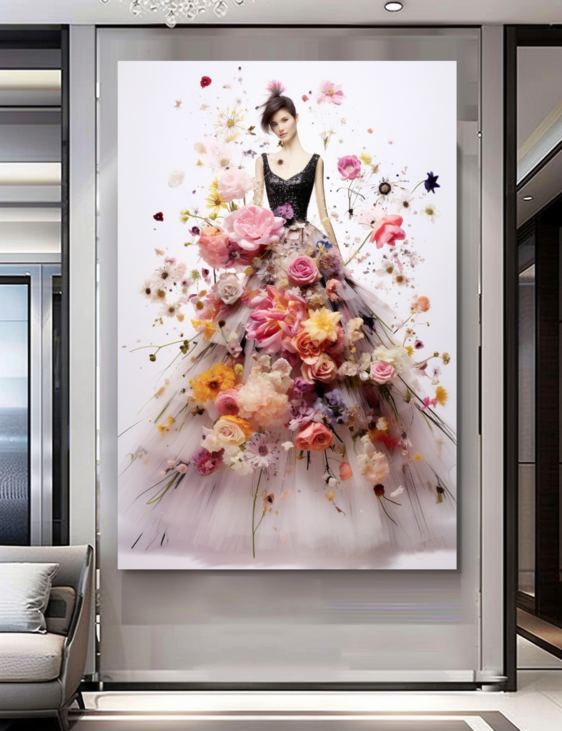 Elegant Perfume Floral Woman Art - Blooming Flowers Dress - Chic Home Decor – Large – Oil on Canvas – {{ product.title }} canvas artwork by Tanya Mirelle – modern wall decor – original artwork for home, living room, office, or gallery – original artwork by BETSY-ART GALLERY