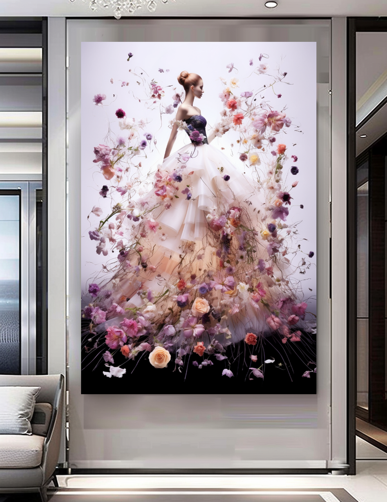Fashion Blooming Flowers Dress - Perfume Floral Woman Art - Chic Home Decor – Large – Oil on Canvas – {{ product.title }} canvas artwork by Tanya Mirelle – modern wall decor – original artwork for home, living room, office, or gallery – original artwork by BETSY-ART GALLERY
