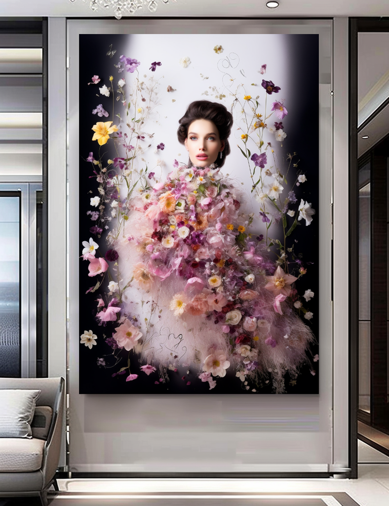 Fashion Artistic Floral Portrait - Perfume Floral Woman Art - Luxurious Canvas Wall Art Decor – Large – Oil on Canvas – {{ product.title }} canvas artwork by Tanya Mirelle – modern wall decor – original artwork for home, living room, office, or gallery – original artwork by BETSY-ART GALLERY
