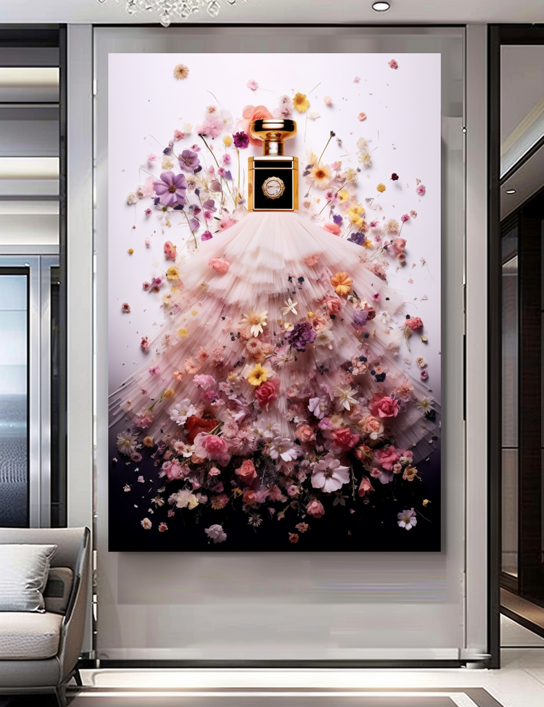 Fashion Artistic Floral Portrait - Perfume Floral Woman Art - Luxurious Canvas Wall Art Decor – Large – Oil on Canvas – {{ product.title }} canvas artwork by Tanya Mirelle – modern wall decor – original artwork for home, living room, office, or gallery – original artwork by BETSY-ART GALLERY