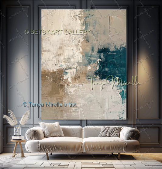 Large Neutral Abstract Painting on Canvas, Modern Gray Blue Wall Art
