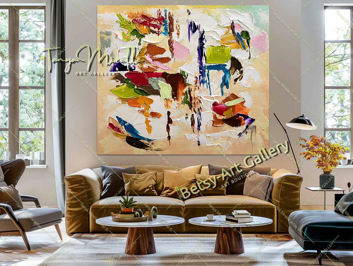 Modern Abstract Painting for Living Room - Colorful Oil Impasto Wall Art on Canvas