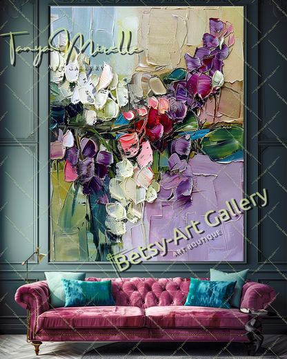 Large Abstract Flower Art, Palette Knife Oil Painting #168