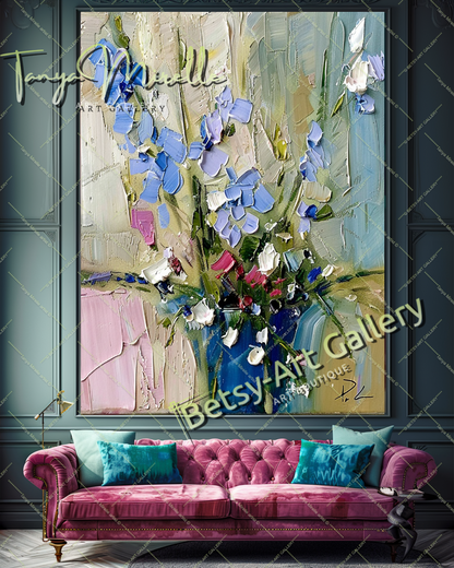 Contemporary Oil Painting, Blue Floral Abstract Art #199