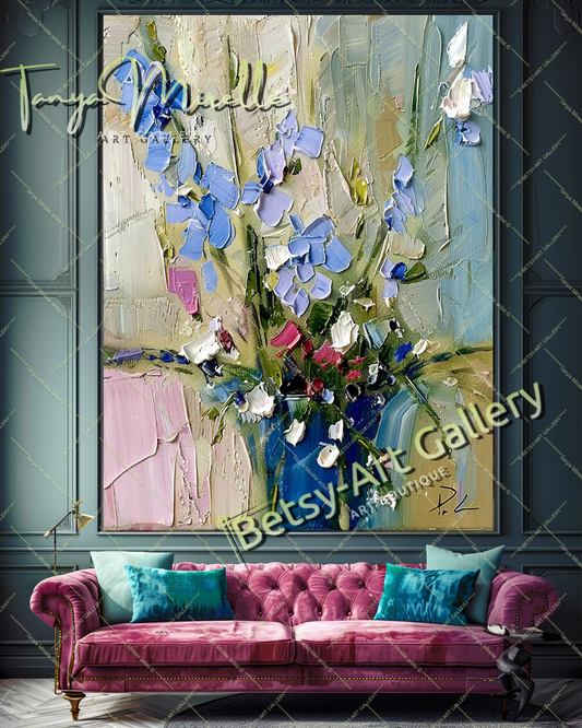 Contemporary Oil Painting, Blue Floral Abstract Art #199