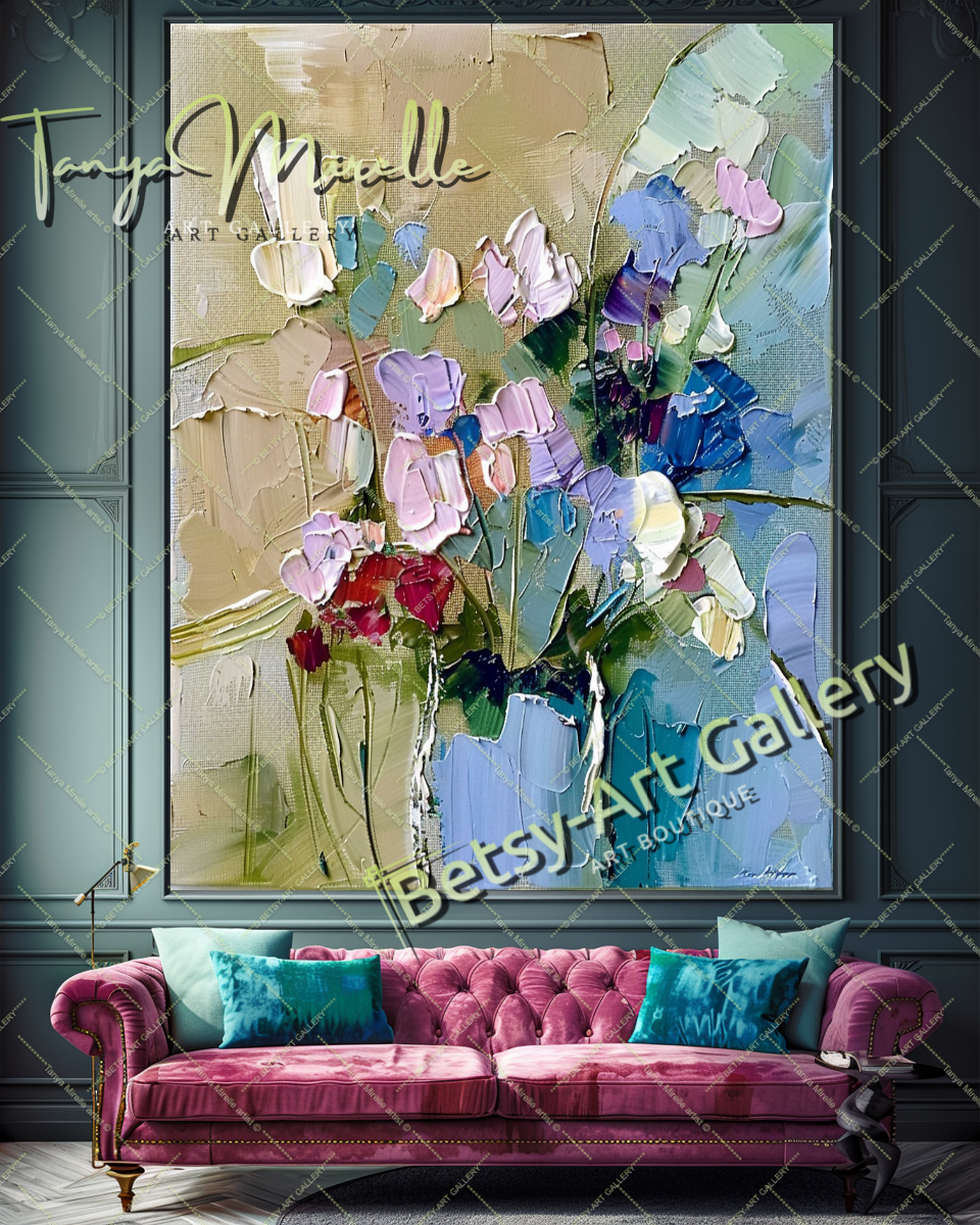 Contemporary Oil Painting, Blue Floral Abstract Art #199