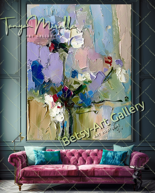 Textured Oil Painting, Blue Floral Abstract Art #200