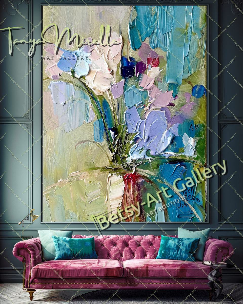 Textured Oil Painting, Blue Floral Abstract Art #200