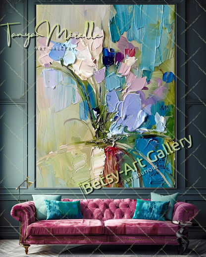 Textured Oil Painting, Blue Floral Abstract Art #200