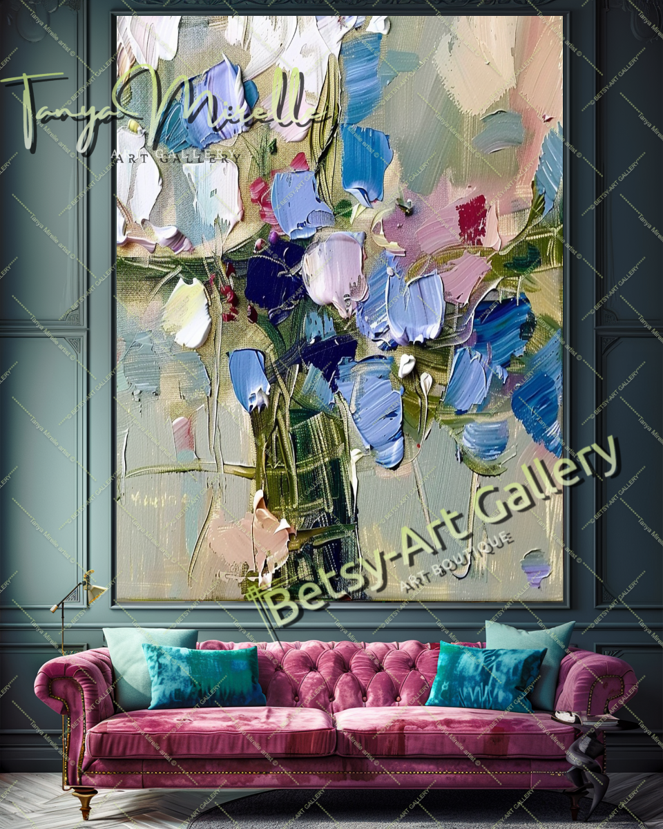 Contemporary Oil Painting, Blue Floral Abstract Art #199