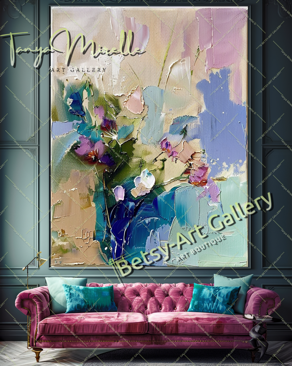 Textured Oil Painting, Blue Floral Abstract Art #200