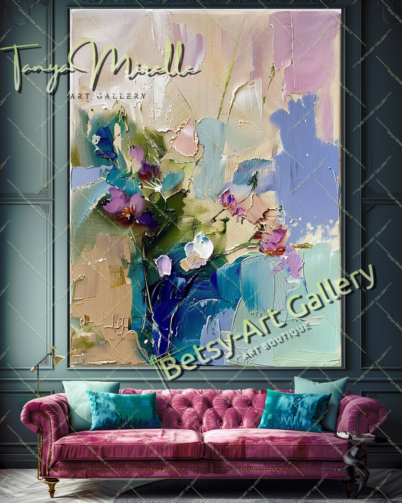 Textured Oil Painting, Blue Floral Abstract Art #200 – Large – Oil on Canvas – {{ product.title }} canvas artwork by Tanya Mirelle – modern wall decor – original artwork for home, living room, office, or gallery – original artwork by BETSY-ART GALLERY