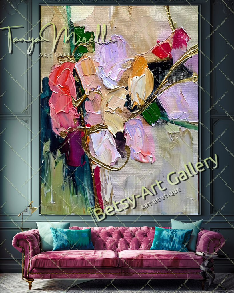 Abstract Floral Impasto Oil Painting on Canvas #165 – Large – Oil on Canvas – {{ product.title }} canvas artwork by Tanya Mirelle – modern wall decor – original artwork for home, living room, office, or gallery – original artwork by BETSY-ART GALLERY