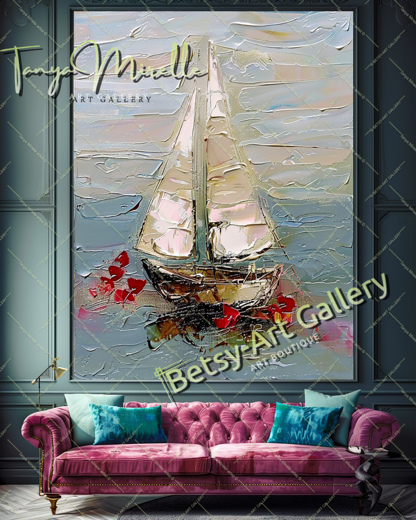 Abstract Sailboat Impasto Oil Painting on Canvas #172 – Large – Oil on Canvas – {{ product.title }} canvas artwork by Tanya Mirelle – modern wall decor – original artwork for home, living room, office, or gallery – original artwork by BETSY-ART GALLERY