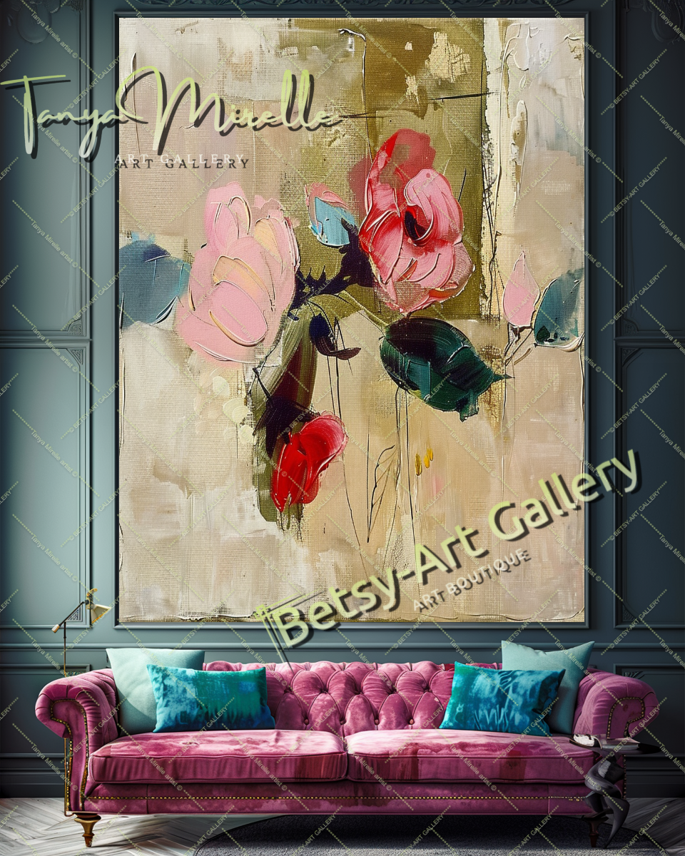 Modern Floral Oil Painting, Romantic Textured Art #183