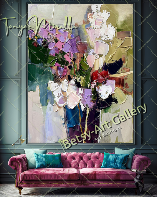 Large Abstract Flower Art, Palette Knife Oil Painting #168