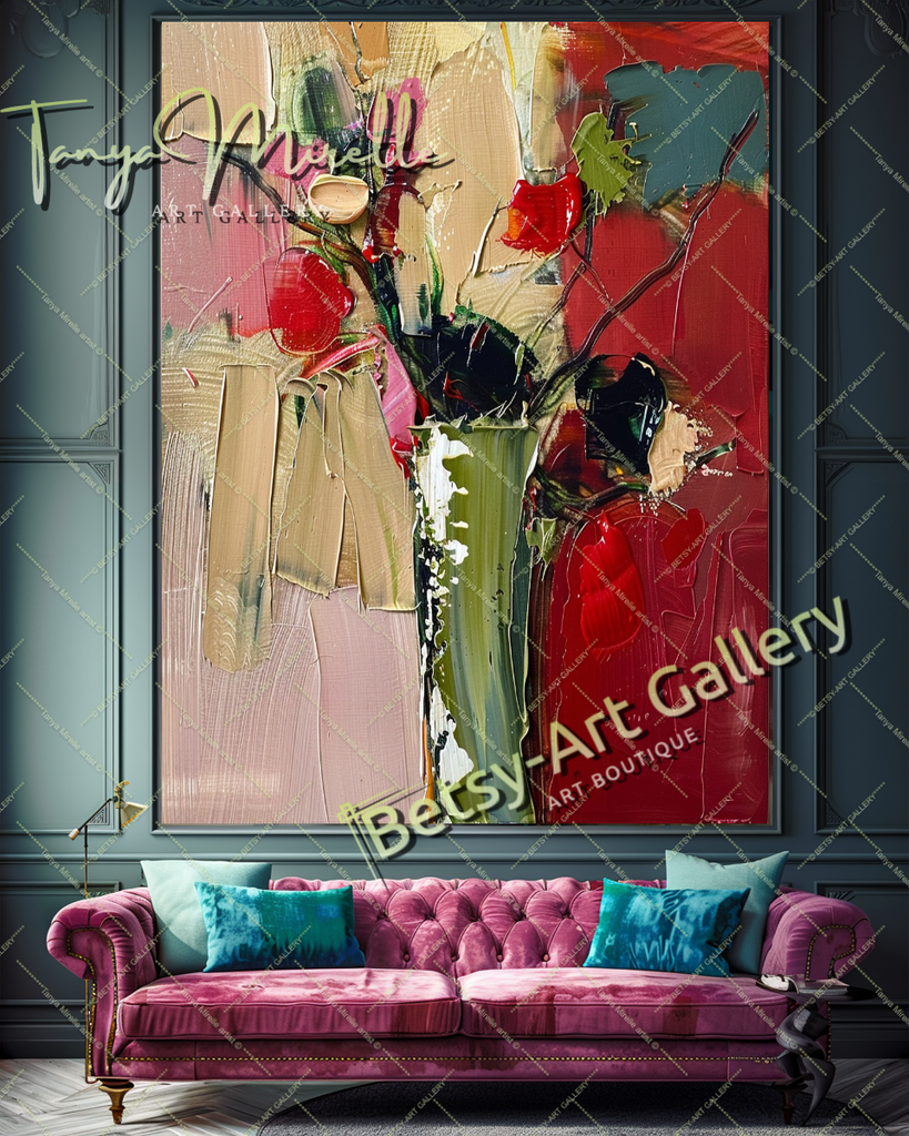 Red Abstract Floral Oil Painting on Canvas #187 – Large – Oil on Canvas – {{ product.title }} canvas artwork by Tanya Mirelle – modern wall decor – original artwork for home, living room, office, or gallery – original artwork by BETSY-ART GALLERY