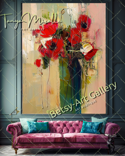 Red Abstract Floral Oil Painting on Canvas #188