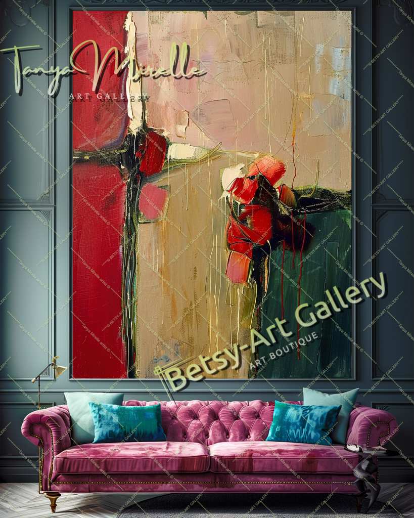 Red Abstract Floral Oil Painting on Canvas #188 – Large – Oil on Canvas – {{ product.title }} canvas artwork by Tanya Mirelle – modern wall decor – original artwork for home, living room, office, or gallery – original artwork by BETSY-ART GALLERY