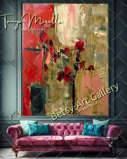 Red Abstract Floral Oil Painting on Canvas #188