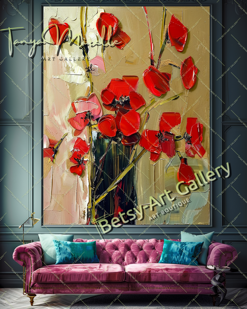 Red Abstract Floral Oil Painting on Canvas #187 – Large – Oil on Canvas – {{ product.title }} canvas artwork by Tanya Mirelle – modern wall decor – original artwork for home, living room, office, or gallery – original artwork by BETSY-ART GALLERY