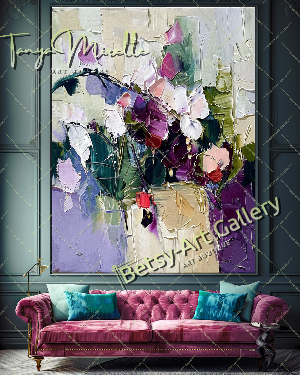 Large Abstract Flower Art, Palette Knife Oil Painting #168