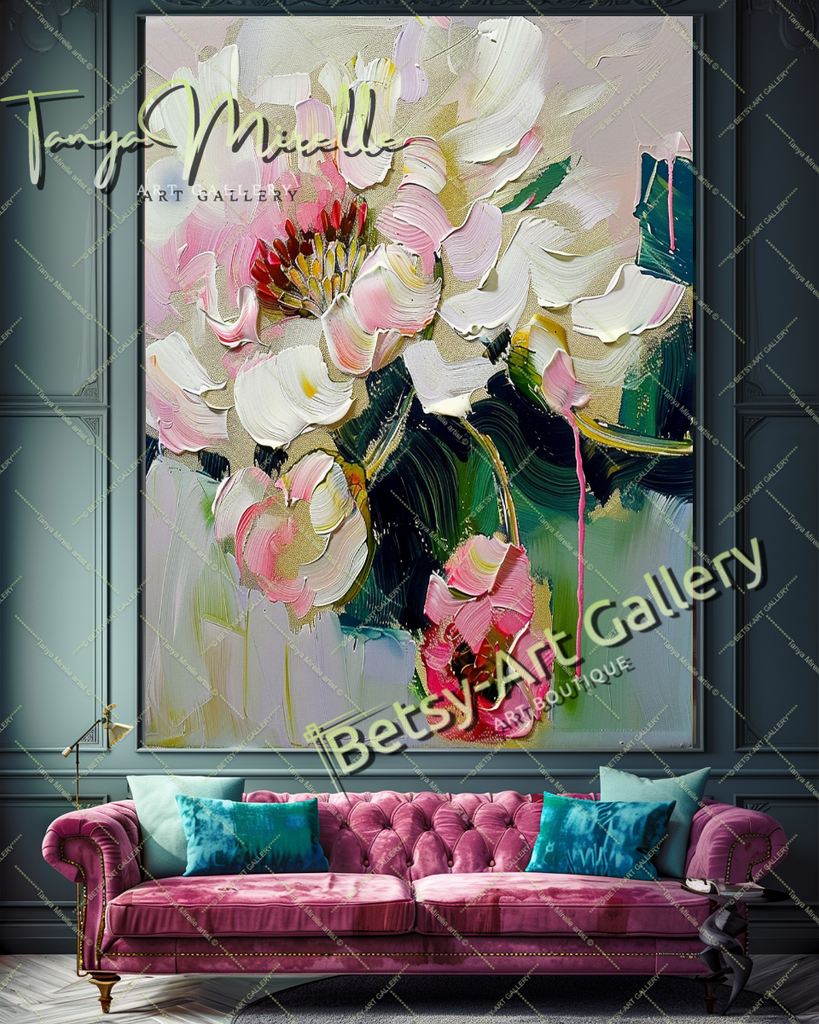 Elegant Abstract Flower Wall Art, Oil Impasto Painting #189 – Large – Oil on Canvas – {{ product.title }} canvas artwork by Tanya Mirelle – modern wall decor – original artwork for home, living room, office, or gallery – original artwork by BETSY-ART GALLERY