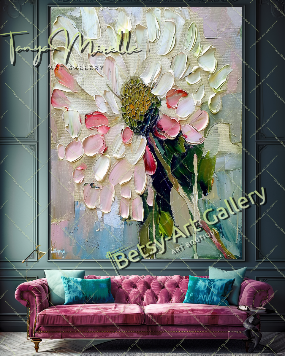 Elegant Abstract Flower Wall Art, Oil Impasto Painting #189