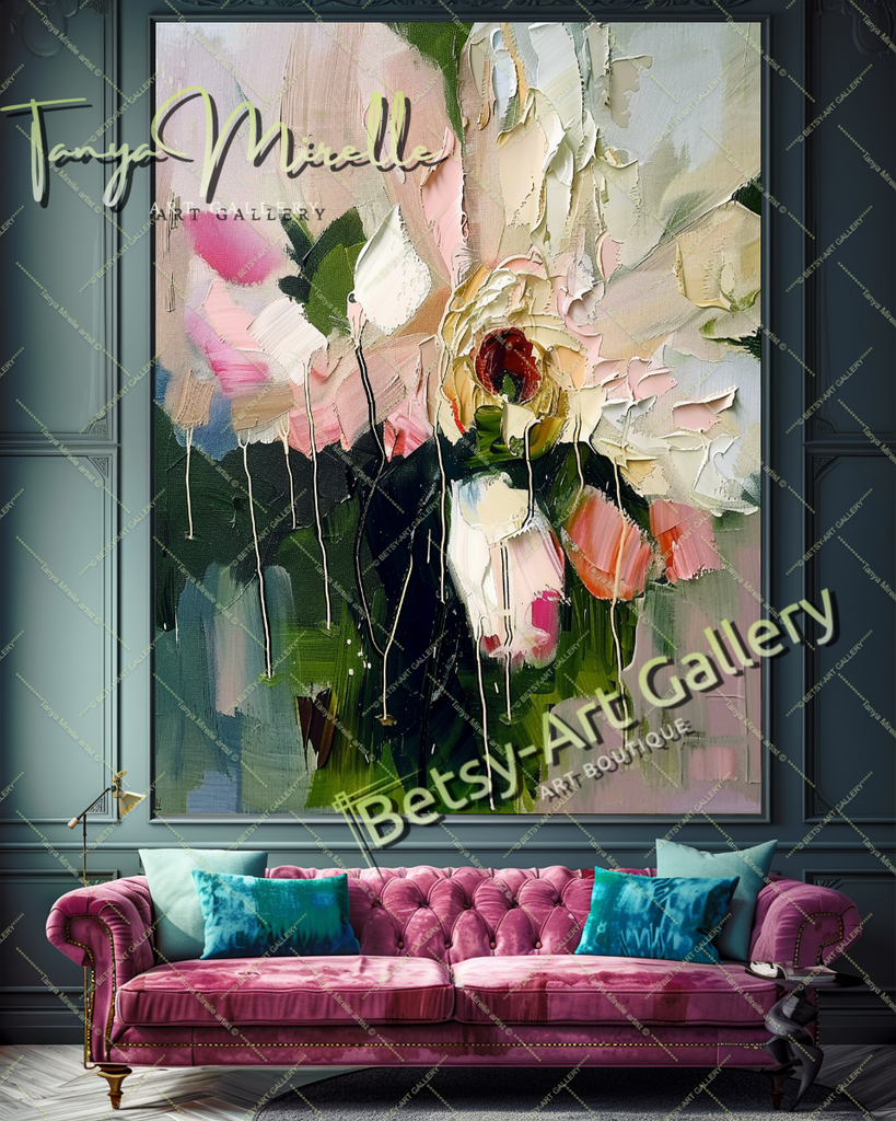 Elegant Abstract Flower Wall Art, Oil Impasto Painting #189 – Large – Oil on Canvas – {{ product.title }} canvas artwork by Tanya Mirelle – modern wall decor – original artwork for home, living room, office, or gallery – original artwork by BETSY-ART GALLERY