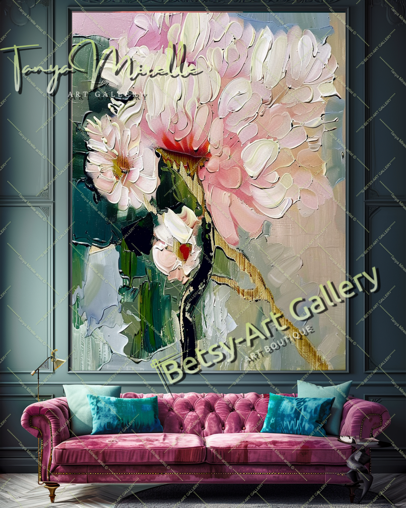 Elegant Abstract Flower Wall Art, Oil Impasto Painting #189 – Large – Oil on Canvas – {{ product.title }} canvas artwork by Tanya Mirelle – modern wall decor – original artwork for home, living room, office, or gallery – original artwork by BETSY-ART GALLERY