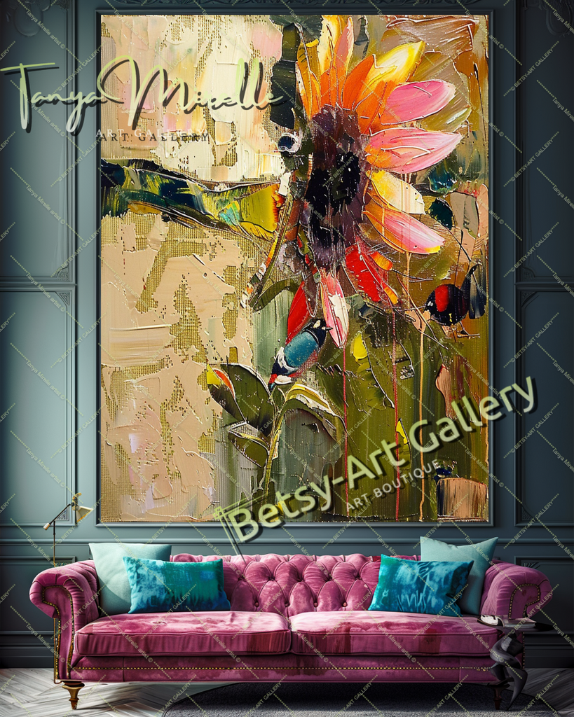 Sunflower Abstract Oil Painting, Floral Canvas Wall Art #192 – Large – Oil on Canvas – {{ product.title }} canvas artwork by Tanya Mirelle – modern wall decor – original artwork for home, living room, office, or gallery – original artwork by BETSY-ART GALLERY
