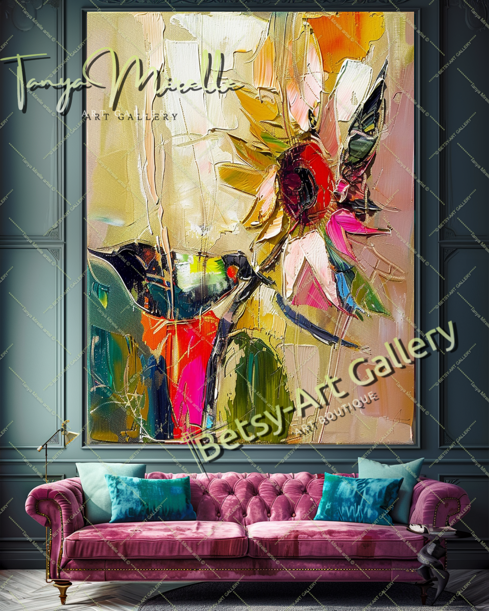 Sunflower Abstract Oil Painting, Floral Canvas Wall Art #192