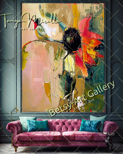 Sunflower Abstract Oil Painting, Floral Canvas Wall Art #192