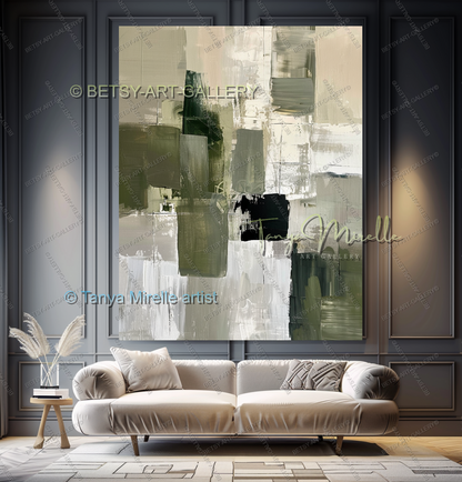 Elegant Green Olive White Textured Canvas Wall Art