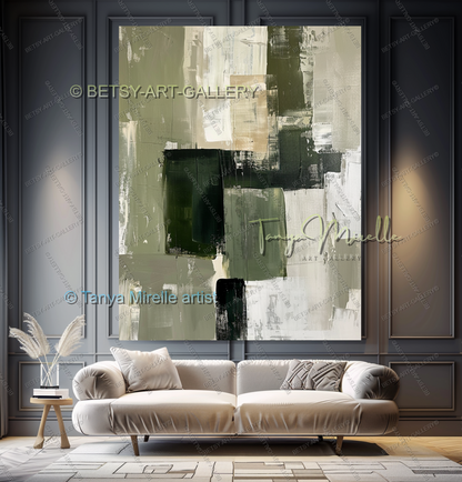 Elegant Green Olive White Textured Canvas Wall Art