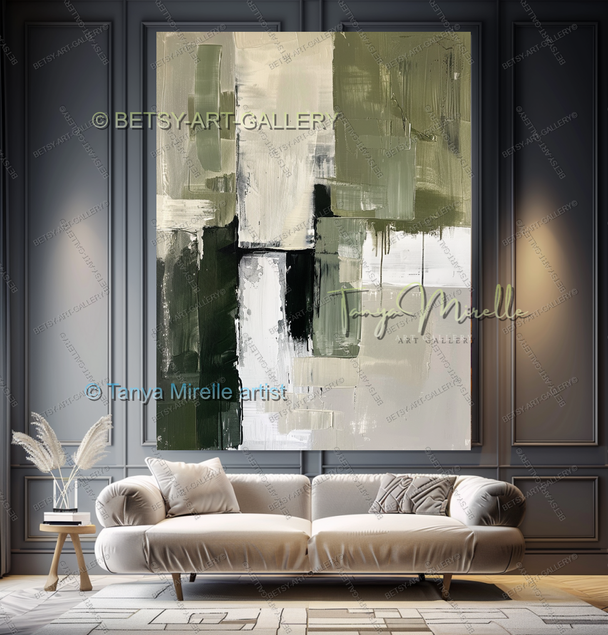 Elegant Green Olive White Textured Canvas Wall Art