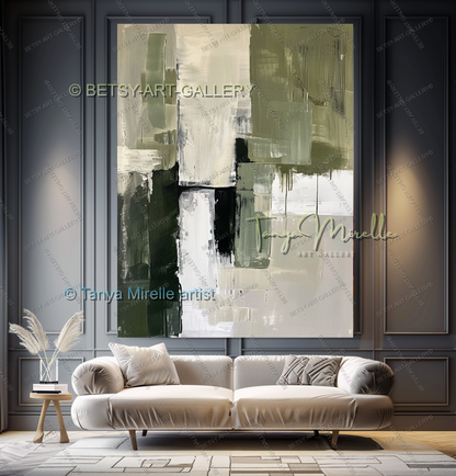 Elegant Green Olive White Textured Canvas Wall Art