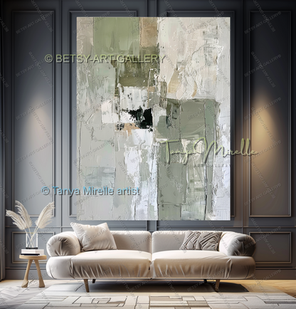 Cream Mint Green Ivory Abstract Texture Painting – Large Canvas Artwork