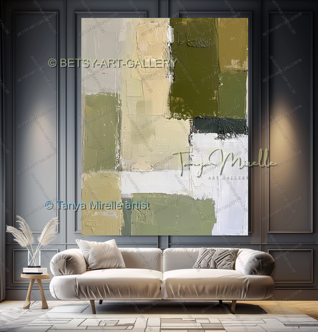 Modern Neutral Tones with Sage Green - Large Abstract Statement Piece
