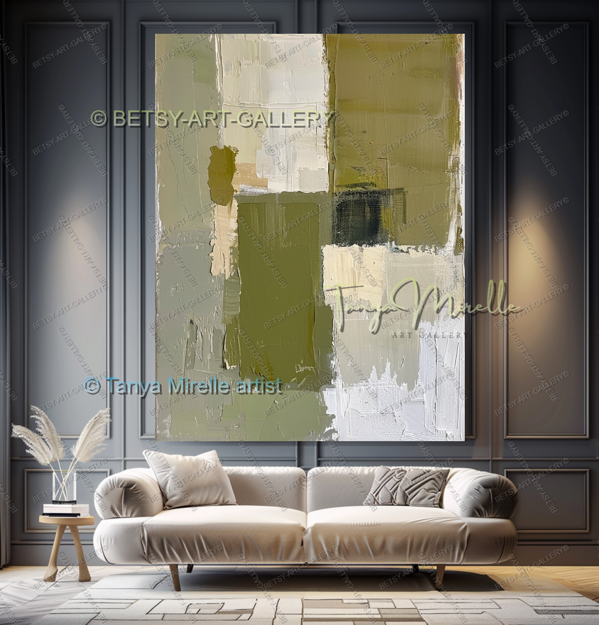 Modern Neutral Tones with Sage Green - Large Abstract Statement Piece