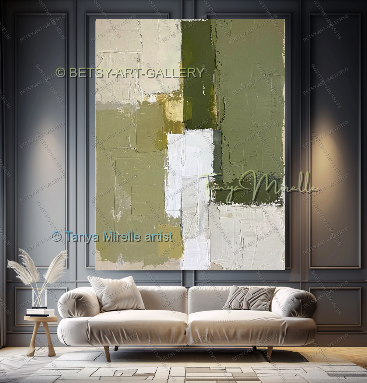 Modern Neutral Tones with Sage Green - Large Abstract Statement Piece