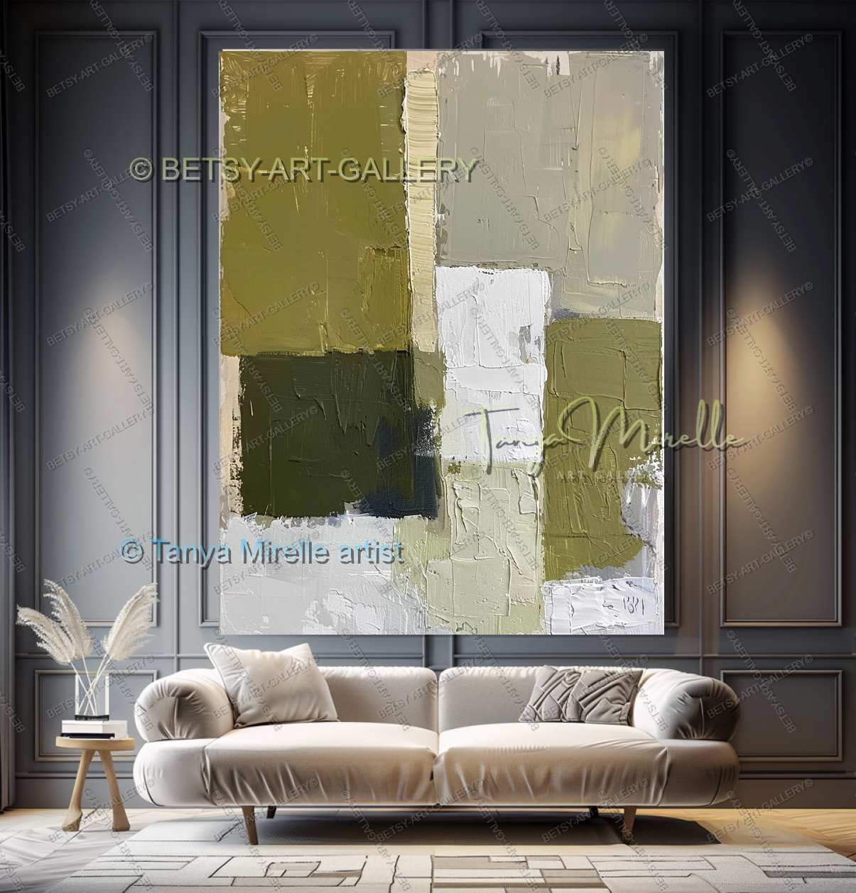 Modern Neutral Tones with Sage Green - Large Abstract Statement Piece